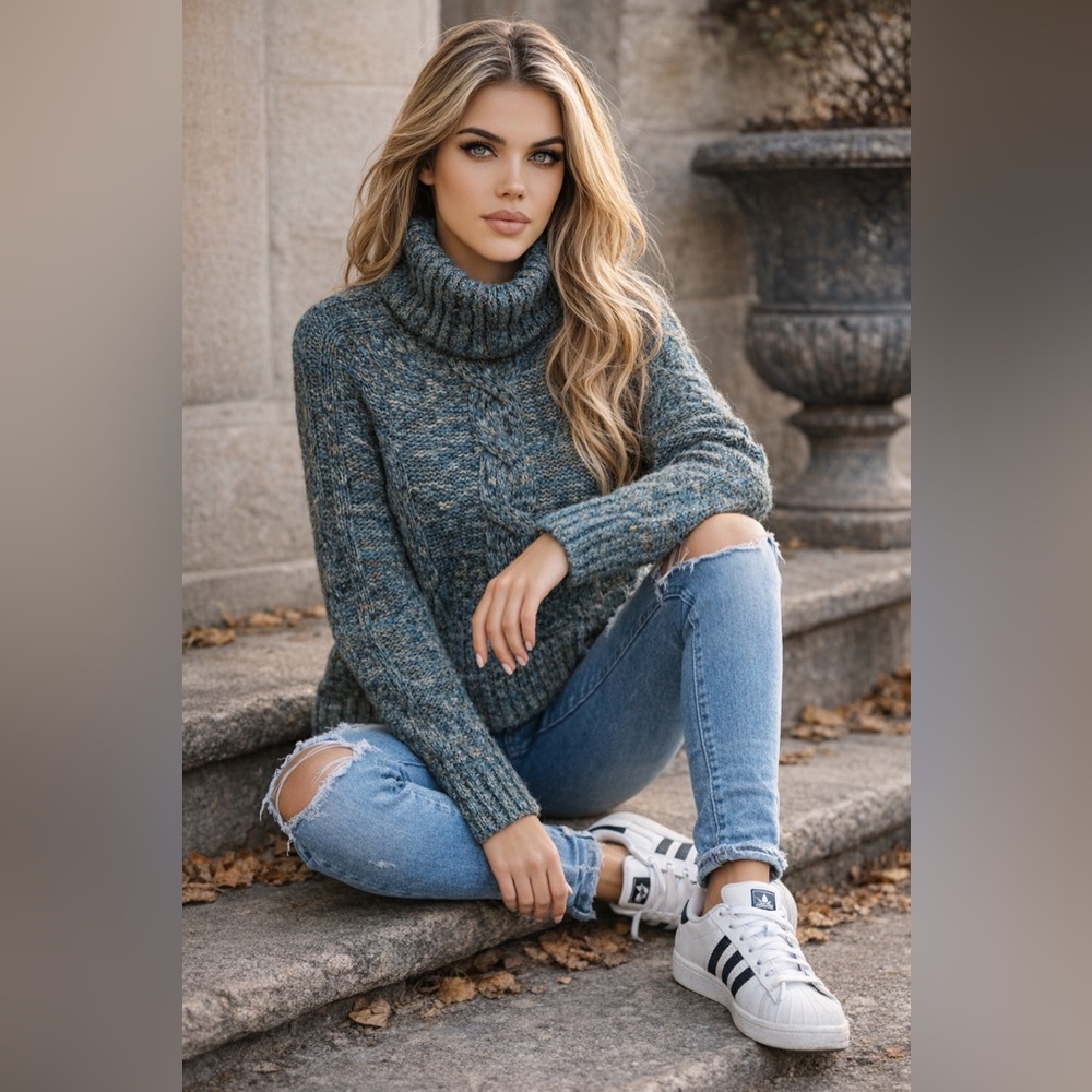 Pretty Point Zero Turquoise Teal Multi Turtleneck Sweater